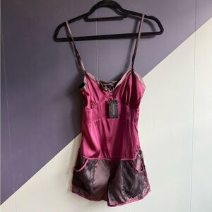 NWT Kiki de Montparnasse Silk Charmeuse Muse Romper, Size XS, Bordeaux